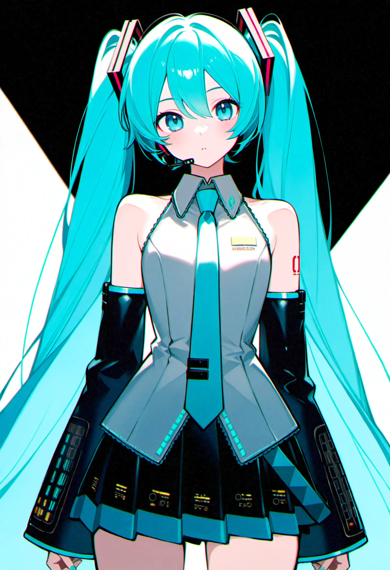 1girl, hatsune miku, vocaloid, artist:, aqua eyes, blue eyes, very long hair, aqua hair, long hair, twintails, detached sleeves, cowboy shot, two-tone background, white background, black background, simple background, looking at viewer, very awa, newest, masterpiece, best quality, very aesthetic