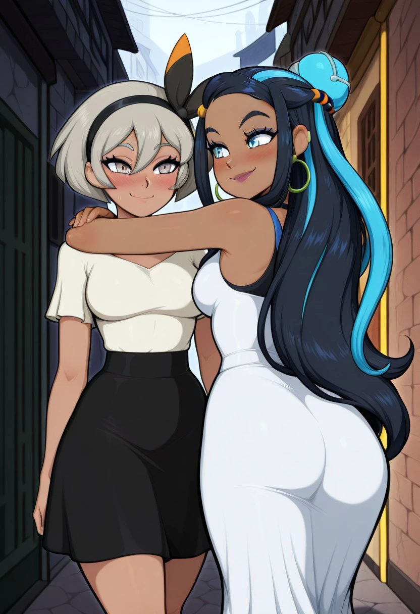 masterpiece, best quality, high resolution, absurdres, fFaceDetail, 
perfecteyes, medium breasts, 
2girls, 
zzBea, grey eyes, grey hair, short hair, hair between eyes, black hairband,
zzNessa, dark skin, makeup, single hair bun,
walking, close together, arms around shoulders, blouse, skirt, dress, rear view, highly detailed, intricate, zzCitronLegacy, alley, village, blush, smile,