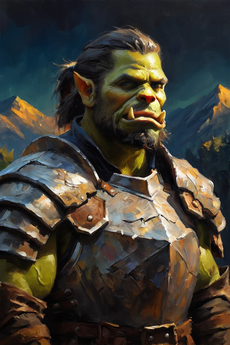 masterpiece, best quality, highres, newest, paletteknife, traditional media, realistic, 1boy, solo, male focus, mature male, orc, colored skin, green skin, tusks, blue eyes, medium hair, black hair, hair slicked back, ponytail, facial hair, beard, mustache, looking at viewer, full armor, shoulder armor, breastplate, pauldrons, upper body, closed mouth, standing, outdoors, mountain, night, night sky, dark background <lora:Palette Knife [LoRA] - NoobAI-XL EPS 1.0:0.8>