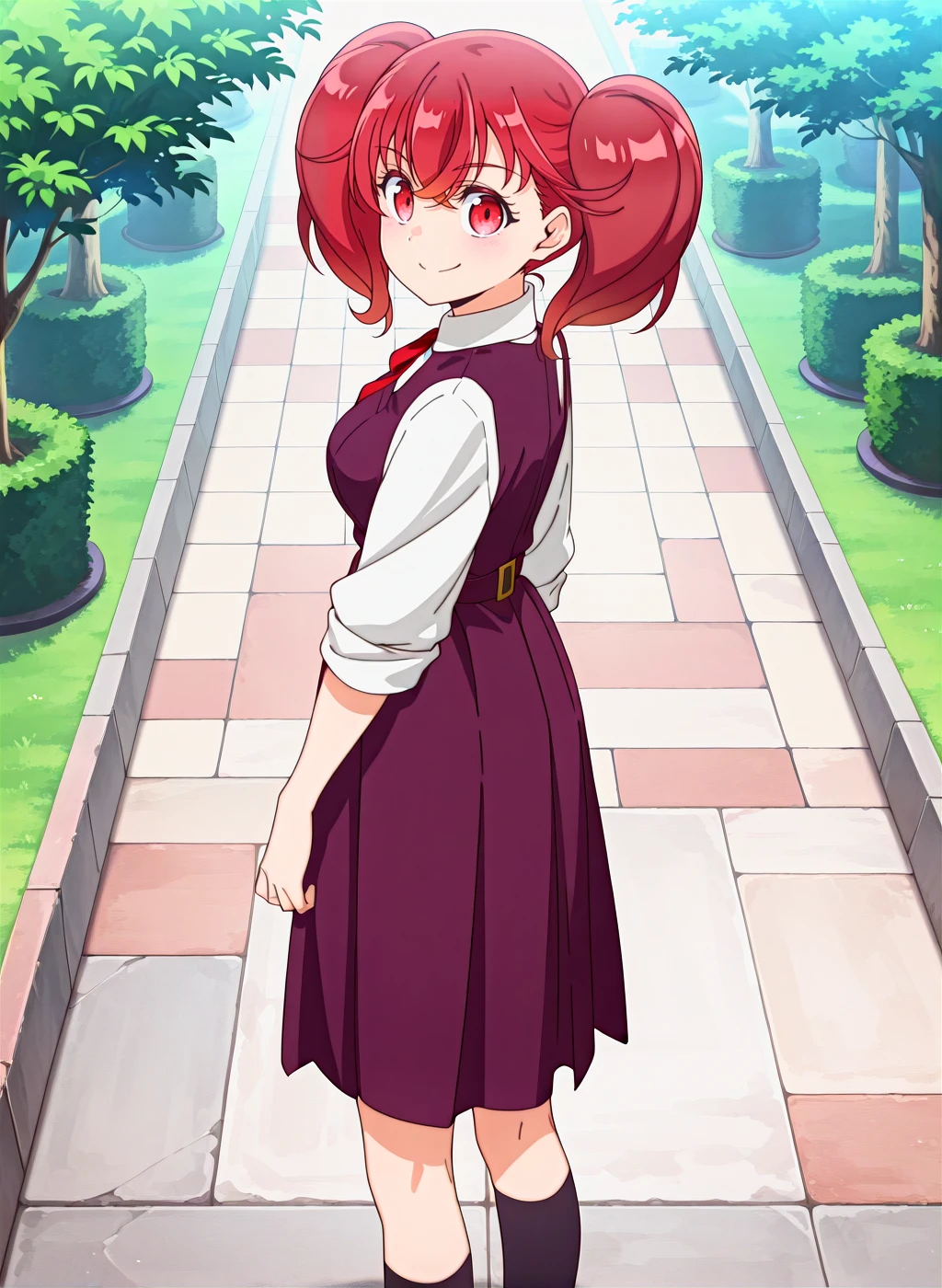 anime,sensitive,High quality,Ultra detailed,best quality,insanely detailed,beautiful,masterpiece,perfect lighting BREAK
<lora:sakuraba_koma_V1_IL:1>,(sakuraba_koma, red hair, red eyes, twintails, medium hair, medium breasts,school uniform, white shirt, red ribbon, neck ribbon, long sleeves, collared shirt, pinafore dress,belt,sleeves rolled up,black socks,kneehighs),1girl,solo,smile,looking_back,from_side,,looking_at_viewer,outdoor,