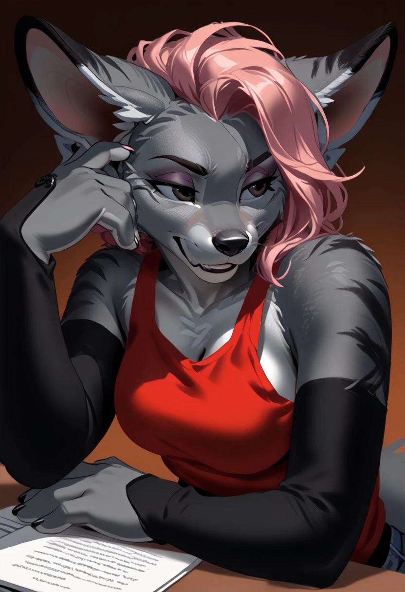 score_9, score_8_up, score_7_up, (by kittydee:1.5), (by jailbird:1.5), (by zummeng:1.5), masterpiece, best quality,   
(Furry Art: Anthro: Bat-eared Fox:1.5), 1girl, expressive eyes, feminine eyes, perfect face, feminine face, exotic fox, (big ears:1), multicolored fur, dark fur, black and gray fur, black fur on limbs, pink hair, pixie cut hair, medium breasts, punk tank top, piercings,