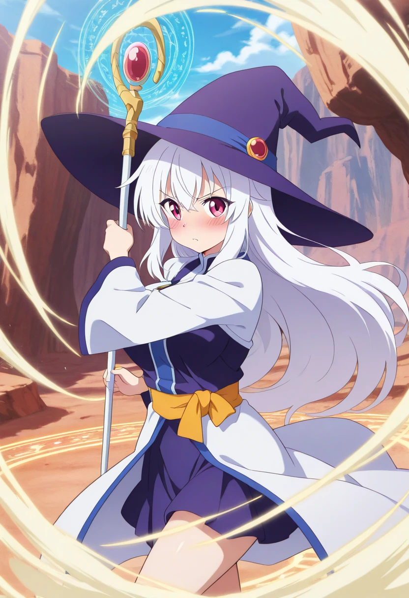 ailand,aerokinesis,1girl, solo,large breasts,breasts,blush,day,outdoors,canyon,white hair,cowboy_shot,red eyes, hair between eyes,looking at viewer, bangs, purple eyes, eyes visible through hair,very long hair, bangs,sidelocks,witch,witch hat,robe,skirt,<lora:aerokinesis_v1_illustrious:1>,magic,((holding_staff)),wind,magic circle, gust,cyclone,action,dynamic pose, casting spell, twister,fluttering_clothes,((anime_coloring)),anime_screencap,studio_anime,<lora:ailand_v1_illustrious:1>