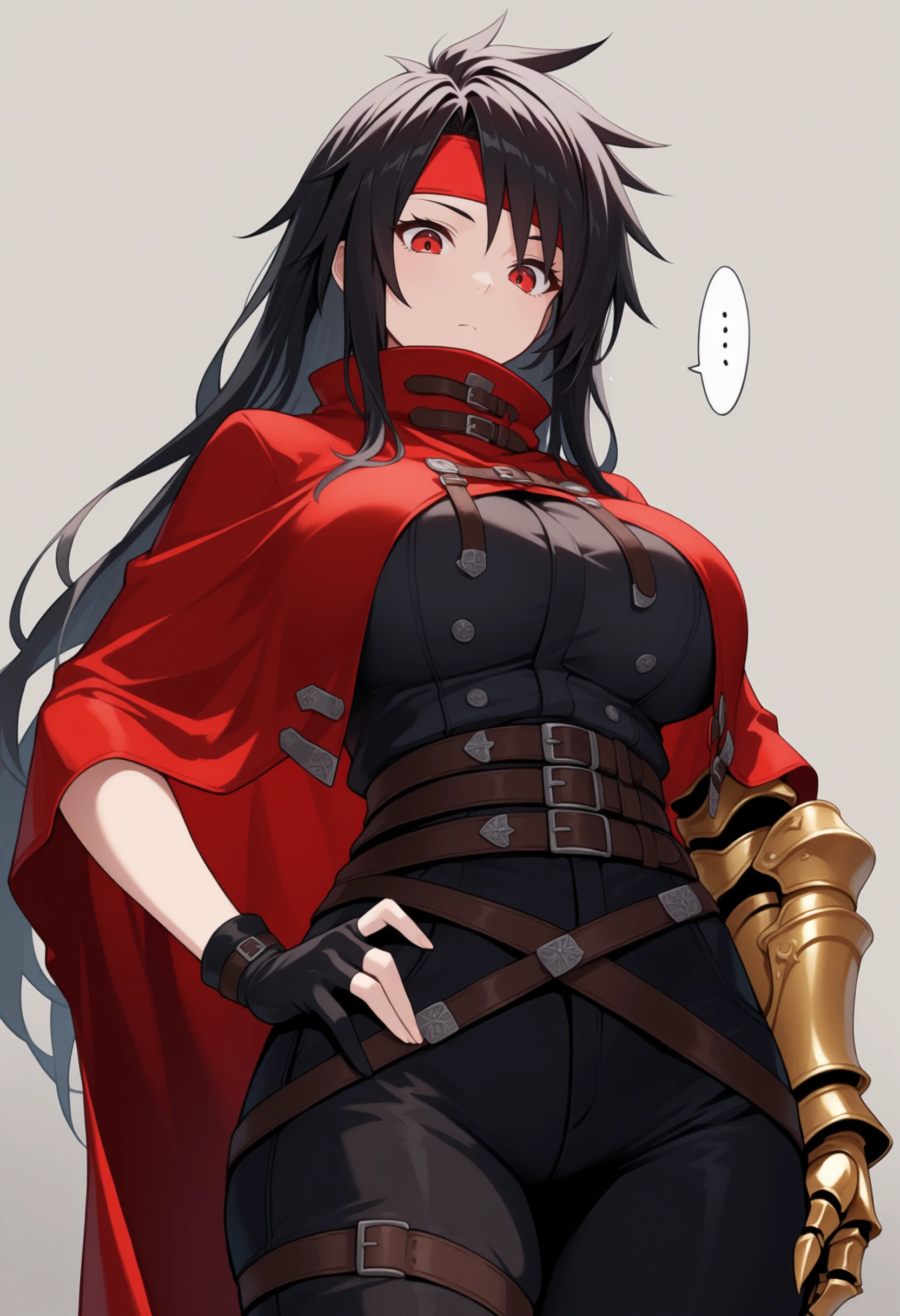 masterpiece, best quality, solo, 1girl, looking at viewer,  <lora:Vincent-valentine-illus_Fp:1>, vincentff7, black hair, red eyes, long hair, red headband, red cloak, buckle, black shirt, black pants, single gauntlet, multiple belts, single fingerless glove, ..., looking down, large breasts, hand on own hip,