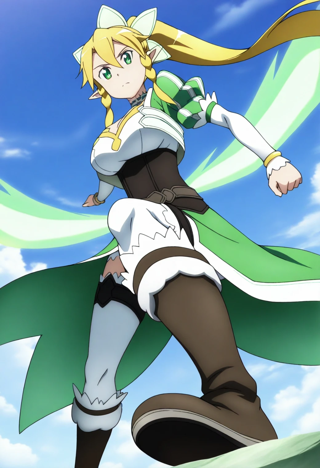 <lora:Leafa - [Sword Art Online] - illustriousXL v1:1>, sysdeep_leafa, blonde hair, long hair, green eyes, magical portal, stepping through, glowing edges, futuristic outfit, determined stride, anime coloring