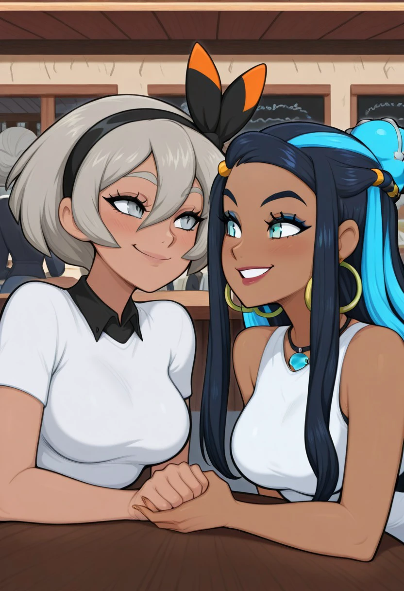 masterpiece, best quality, high resolution, absurdres, fFaceDetail, 
perfecteyes, medium breasts, 
2girls, 
zzBea, grey eyes, grey hair, short hair, hair between eyes, black hairband,
zzNessa, dark skin, makeup, single hair bun,
sitting, looking at each other, facing each other, holding hands, talking, highly detailed, intricate, zzCitronLegacy, cafe, table, outside, village, crowd detailed eyes, ,,, smile,