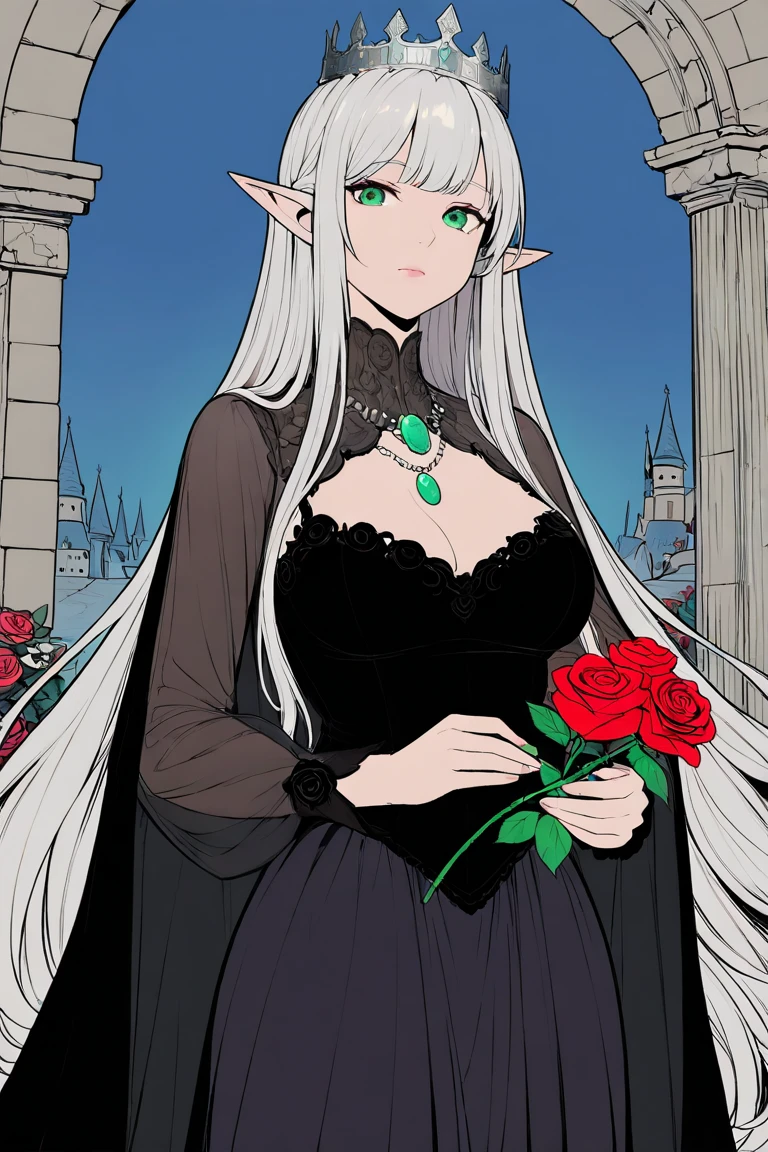 masterpiece, best quality, highres, newest, lineart, flat color, 1girl, solo, mature female, elf, pointy ears, breasts, long hair, very long hair, white hair, green eyes, portrait, looking at viewer, medium breasts, high collar, long dress, black dress, crown, silver crown, holding, holding flower, rose, red rose, necklace, jewelry, closed mouth, cowboy shot, standing, outdoors, castle <lora:LineArt Grey [LoRA] - NoobAI-XL EPS 1.0:0.8>