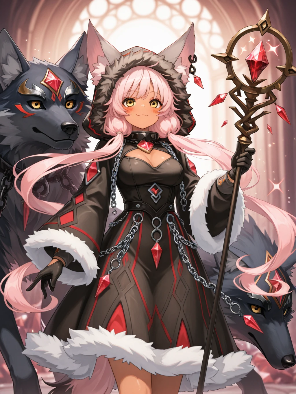 lupina, 1girl, solo, long hair, smile, long sleeves, dress, wolf ears, twintails, medium breasts, long hair, standing, wolf tail, yellow eyes, black gloves, pink hair, dark skin, hood, wide sleeves, holding staff, black dress, fur trim, clothing cutout, sparkle, glowing, chain, animal, gem,


masterpiece, best quality,amazing quality, very aesthetic, absurdres, depth of field, blurry background, extremely detailed face, detailed eyes