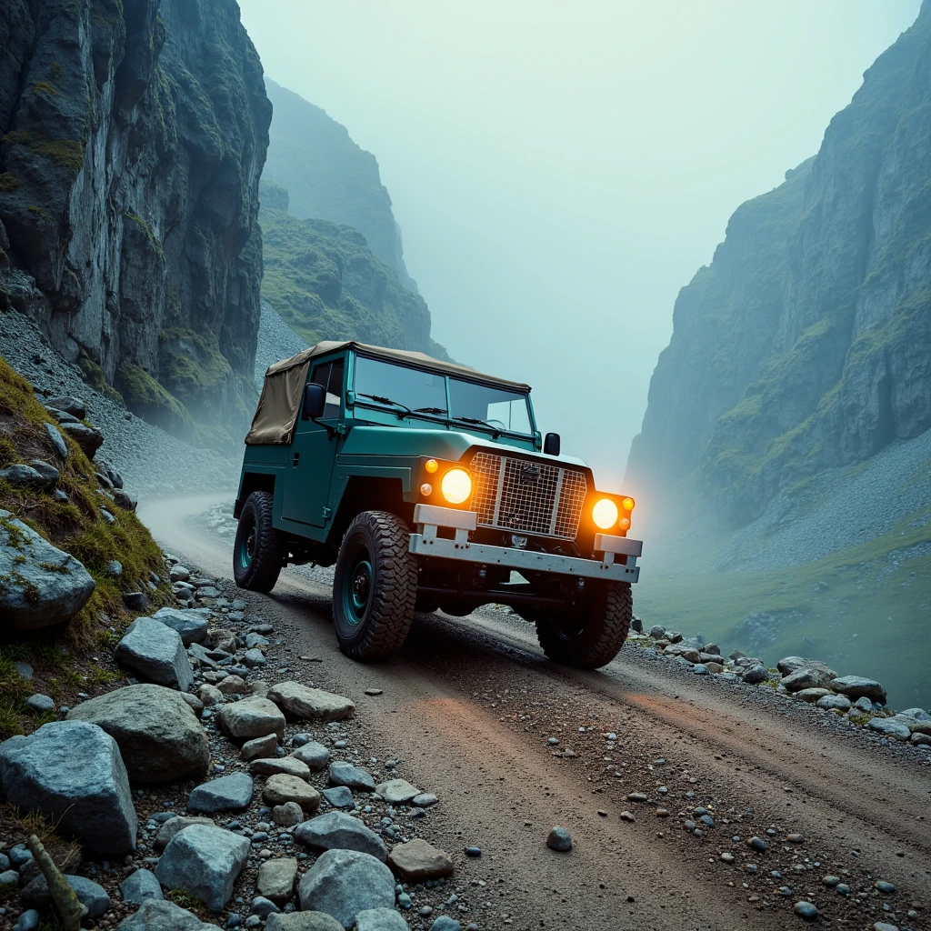 Imagine an image in the style of graphic novel realism: A Land Rover Lightweight climbs a treacherous mountain pass, its headlights cutting through the fog. Jagged cliffs loom above, while loose gravel tumbles from the path beneath its tires, emphasizing its reliability in extreme conditions.