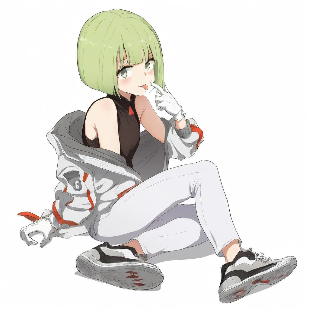 photogenic, masterpiece, 1440p, 8k, UHD, amazing quality, high resolution, 9Delta, 1girl, solo, tongue out, tongue, jacket, shoes, white background, green hair, green eyes, simple background, sneakers, sitting, off shoulder, looking at viewer, short hair, gloves, :p, full body, bare shoulders, bangs, hood, white gloves, white jacket, pants, bob cut, shirt, sleeveless, grey jacket, white pants, closed mouth