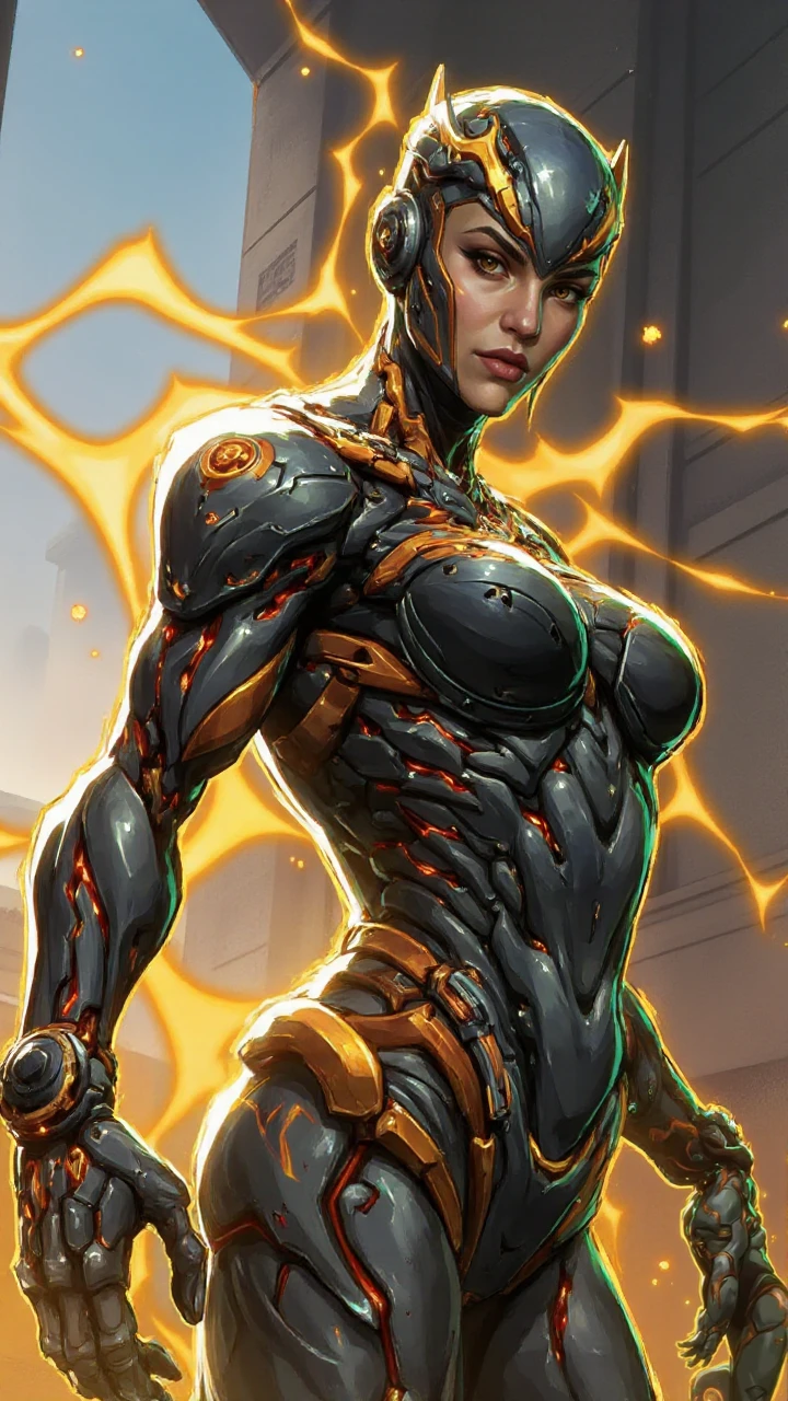 biomechanical style rivals, cyborg woman, with electricity swirling around her body<lora:Rivals_FLUX:1> . blend of organic and mechanical elements, futuristic, cybernetic, detailed, intricate