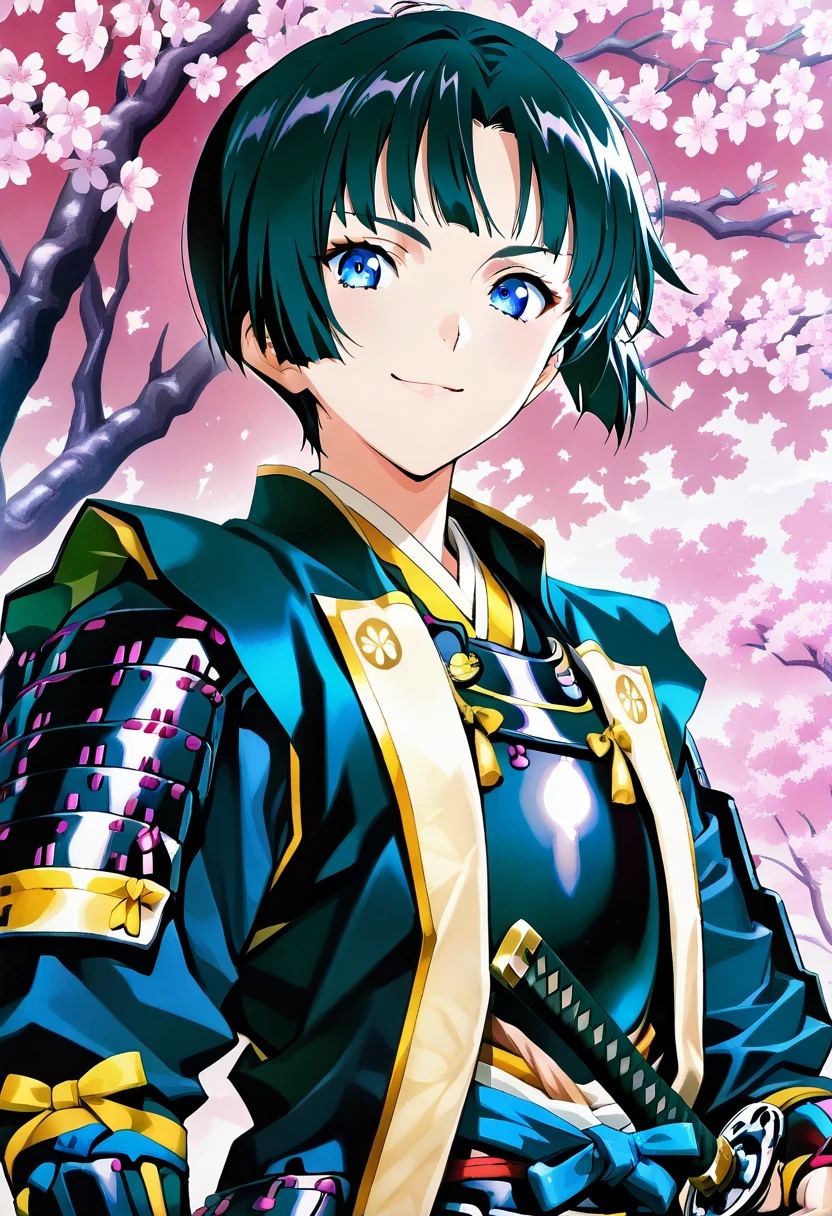 masterpiece, best quality, absurdres, detailed skin, anime colored, anime screencap,
<lora:SaitoE:1>, SaitoE, black hair, bangs, looking at viewer, smile, 
<lora:jinbaori:1> , jinbaori, armor, katana at waist,
cherry blossoms,