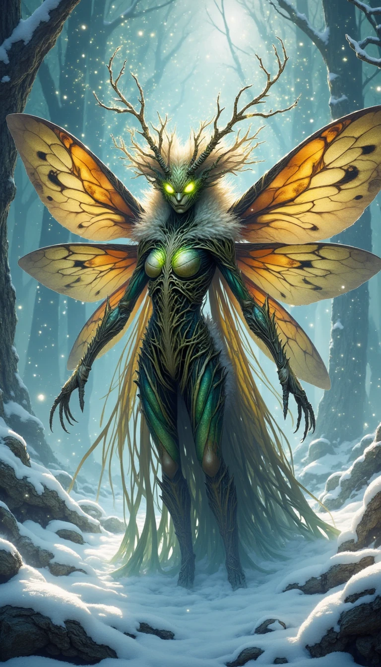 Here are the two prompts:
**Moth Hybrid**
In the aftermath of a devastating avalanche, a twisted creature emerges from the snowy wreckage. The moth-human hybrid, Aerius, stands surrounded by the ruined landscape, its body a grotesque fusion of human and insect. Its skin is a mesh of decaying leaves and tattered fabric, with iridescent wings sprouting from its back like a macabre cloak. The hybrid's face is a distorted mix of human features and moth-like proboscis, with glowing green eyes that seem to pierce through the snowstorm. Aerius's long, spindly arms end in razor-sharp claws, which it uses to dig through the snow and unearth the tangled remains of trees and boulders. As it moves, its wings beat the air in a slow, mournful rhythm, generating whirlwinds of snow that swirl around its feet like a funeral procession. In the background, the skeletal remains of trees loom like sentinels, their branches creaking ominously in the wind.
**Bee Hybrid**
Within the Heartseed Rift, a dimensional tear that crackles with electric energy, a shimmering portal pulsates with an otherworldly glow. Amidst this swirling vortex, the bee-human hybrid, Apiana, floats effortlessly, her body a dazzling fusion of human and bee. Her skin shines like polished honeycomb, adorned with intricate, swirling patterns that seem to shift and shimmer in the light. Her hair is a wild tangle of golden locks, infused with thousands of tiny, glowing beads that resemble bee eggs. Apiana's eyes burn with a fierce, inner light, as if the very essence of the rift has been distilled within her. She raises her hands, and from her fingertips, a swarm of tiny, iridescent bees erupt, dancing around her in a mesmerizing display of precision and control. The rift's energy crackles and arcs around her, imbuing her with an aura of power and authority, as if she is the very mistress of the dimensional portal. In the background, shimmering, ethereal manifestations of the rift's energy coalesce into spectral, bee-like creatures that hover around Apiana, awaiting her every command.