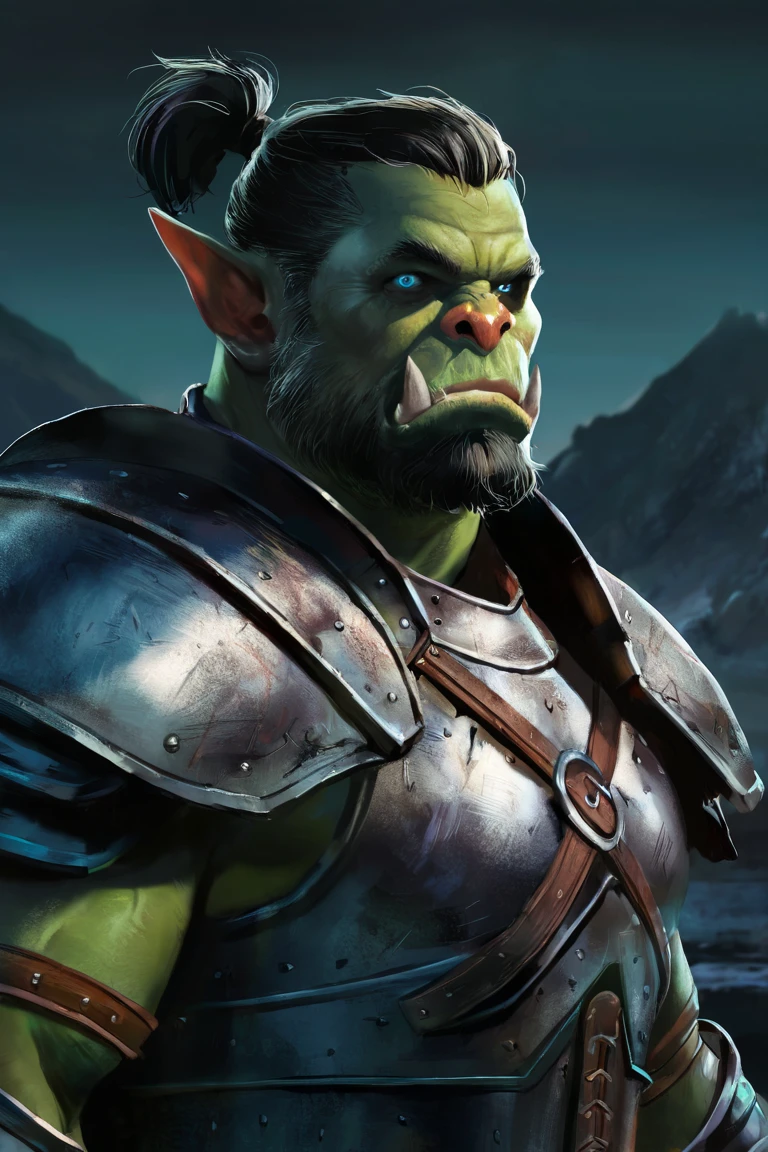 masterpiece, best quality, highres, newest, concept art, realistic, 1boy, solo, male focus, mature male, orc, colored skin, green skin, tusks, blue eyes, medium hair, black hair, hair slicked back, ponytail, facial hair, beard, mustache, looking at viewer, full armor, shoulder armor, breastplate, pauldrons, upper body, closed mouth, standing, outdoors, mountain, night, night sky, dark background <lora:Concept Art Brush [LoRA] - NoobAI-XL EPS 1.0:0.8>