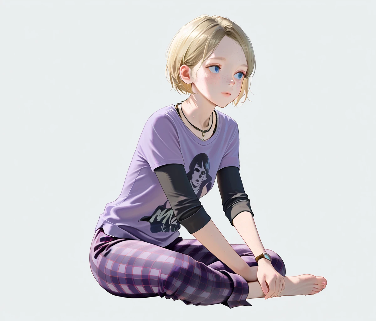 masterpiece, best quality, amazing quality, very aesthetic, absurdres, IllustriousQual, 1440p, 8k UHD, hires, realistic, <lora:Sarah_Miller_Illustrious:1> sarah-miller, tlou, 1girl, short hair, blonde hair, necklace, blue eyes, freckles, purple shirt, plaid pants, barefoot, holding wristwatch