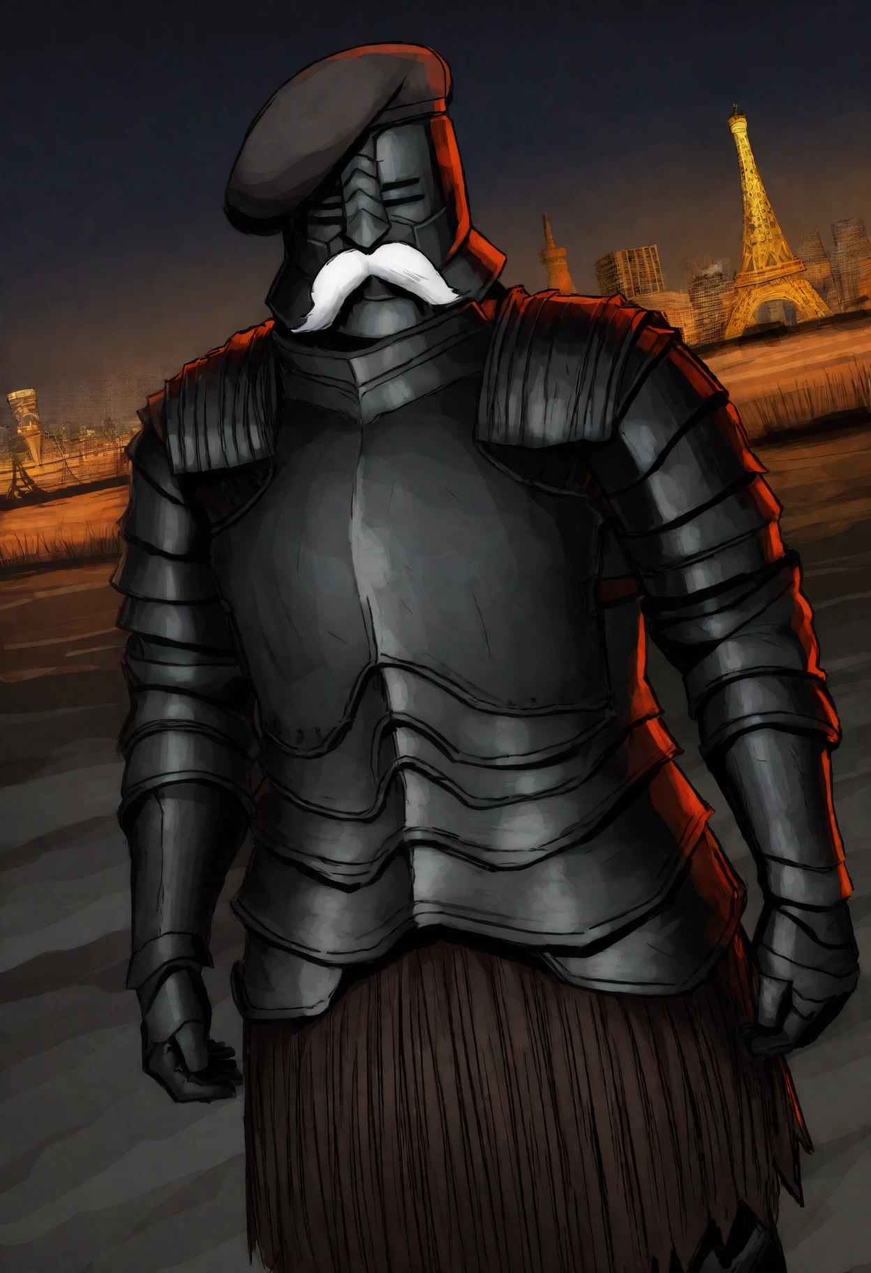 masterpiece, best quality, newest, absurdres, highres, outdoors, night, ambiguous gender, solo, dsbit, black helmet, black armor, black breastplate, black Pauldrons, black Cuirass, black Gauntlets, tunic under armor, black Greaves, big fake mustache, dutch angle, french beret, eiffel tower    <lora:Black_Iron_Tarkus_Illustrious-000009:1>