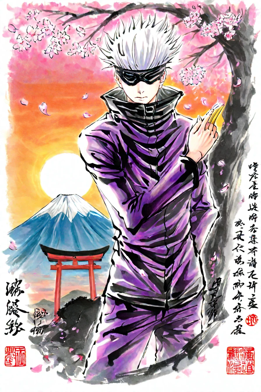 <lora:GojoSatoruPony:0.6> SatoruGojo, (gojou satoru:0.6), white hair, purple pants, high collar, blindfold, covered eyes, black blindfold, purple jacket, purple pants, 1boy,  solo, alone, upper body,  <lora:traditional_japanese_calligraphy_illustriousXL:1>, traditional japanese calligraphy, masterpiece, highres, sunset, torii, mount fuji background, sun, cherry blossoms, petals, falling petals, tree, spring, sunset, sun, sun partially hidden by mount fuji