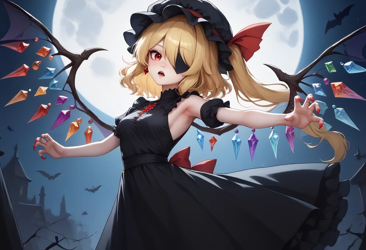 score_9,score_8_up,score_7_up,score_6_up,score_5_up,source_anime,<lora:Flandrescarlet_touhou_ponyxl:0.8>,flandre_scarlet_touhou,<lora:Add_more_details_V2_XLpony:1>,full_details,1girl,alternate costume,bandage on leg,black dress,black hat,blonde hair,claw pose,cowboy shot,crystal wings,dress,fingernails,from behind,full moon,halloween,halloween costume,hat,long hair,looking at viewer,looking back,medium breasts,mob cap,moon,one eye covered,outstretched arms,red eyes,sharp fingernails,side ponytail,solo,zombie pose,