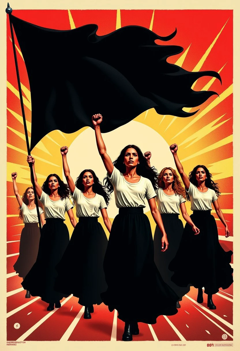 A striking propaganda poster bursts with vibrant red and golden hues, featuring a diverse group of anarchist women, each with determined, resolute expressions. They march in unison, clad in flowing long black skirts, their fists raised high in a powerful gesture of solidarity and defiance. Above them, a massive black flag billows dramatically, its fabric rippling in the wind, symbolizing their collective struggle and unwavering commitment to their cause. The poster's bold, graphic style amplifies the intensity of their message, making it a compelling visual call to action