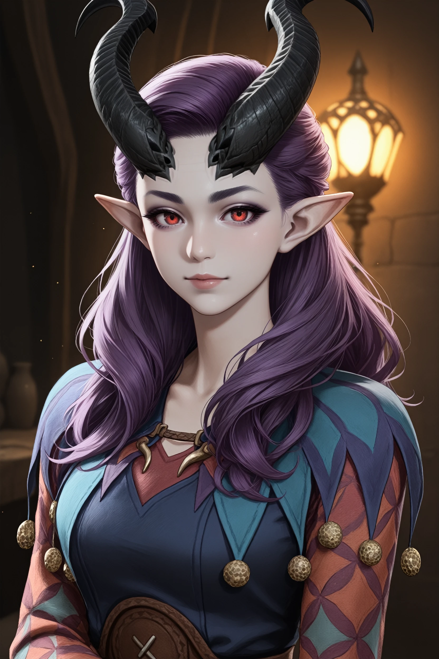 masterpiece, best quality, absurdres,
<lora:BGAlfira:1.0>
BGAlfira, 1girl, demon horns, purple hair, long hair, pointy ears, looking at viewer, in a candelit chamber, enveloped by flickering, warm lighting