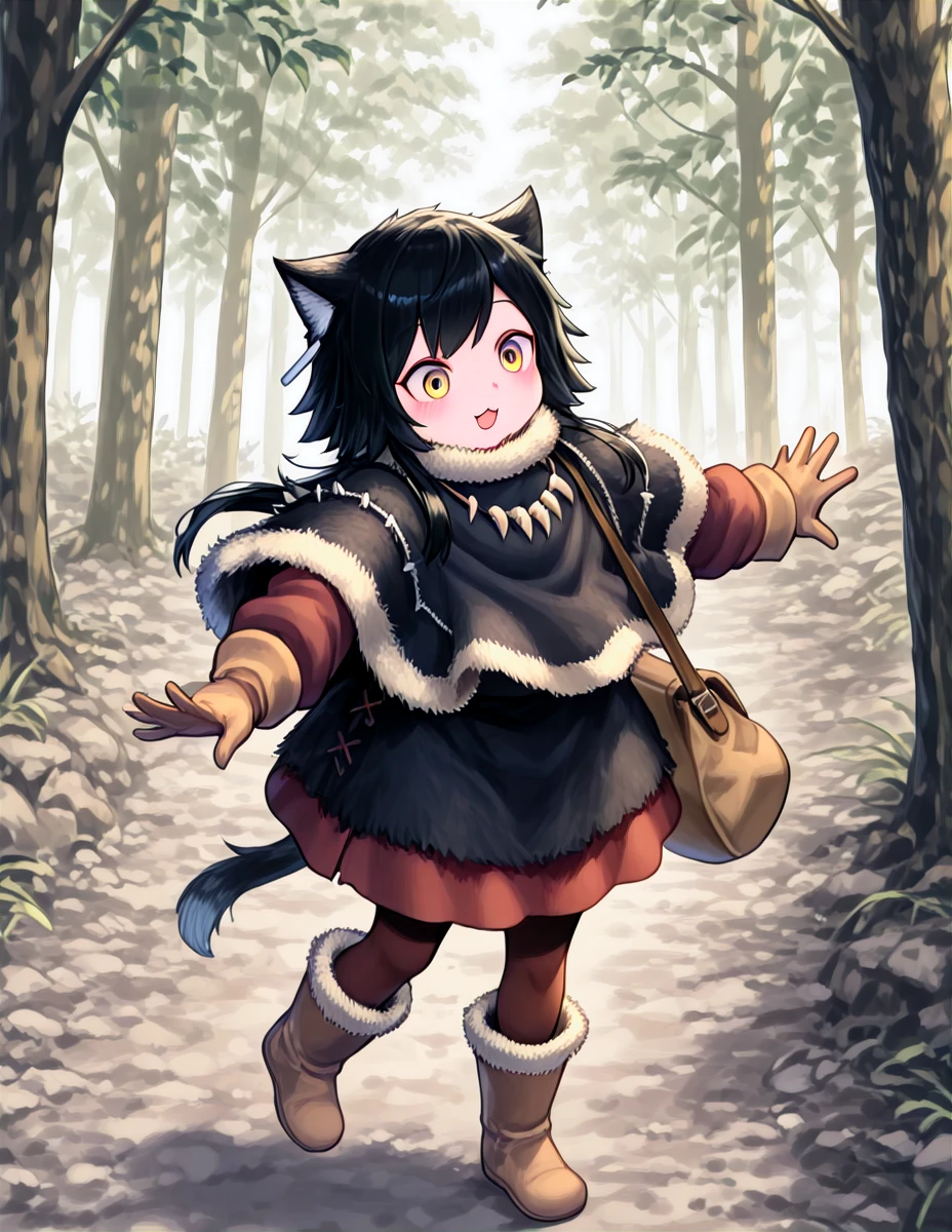 1girl, solo, black hair, tail, boots, animal ears, necklace, gloves, fur trim, jewelry, smile, , pantyhose, capelet, long sleeves, poncho, outdoors, open mouth, yellow eyes, tree, tooth necklace, cat ears, skirt, full body, , bag, brown gloves, cat tail, :d, fur-trimmed boots, blush
, animal ears, wolf ears, , fur collar, open mouth, long sleeves, long hair, skirt, pantyhose, smile, tail, :3, :d, wolf tail, 
solo
 <lora:susuki:1>susuki1