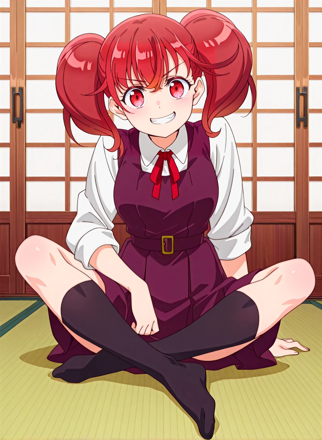 anime,sensitive,High quality,Ultra detailed,best quality,insanely detailed,beautiful,masterpiece,perfect lighting BREAK
<lora:sakuraba_koma_V1_IL:1>,(sakuraba_koma, red hair, red eyes, twintails, medium hair, medium breasts,school uniform, white shirt, red ribbon, neck ribbon, long sleeves, collared shirt, pinafore dress,belt,sleeves rolled up,black socks,kneehighs),1girl,solo,grin,sitting,front view,full body,looking_at_viewer,indoors,