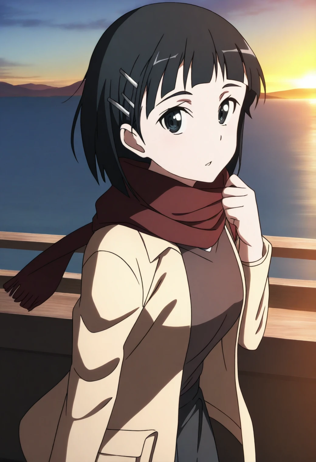 <lora:Suguha Kirigaya - [Sword Art Online] - illustriousXL v1:1>, sysdeep_suguha, black hair, medium hair, black eyes, mountains, sunrise, standing, scarf, wind blowing, panoramic view, anime coloring