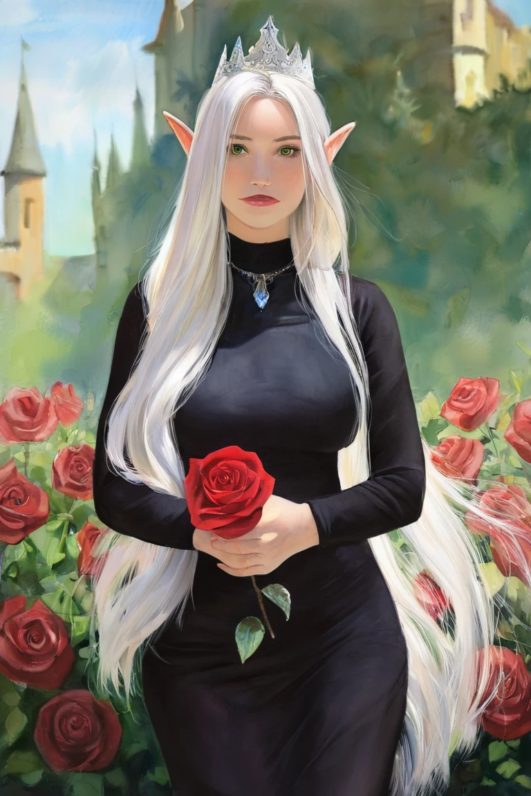 masterpiece, best quality, highres, newest, watercolor \(medium\), traditional media, realistic, 1girl, solo, mature female, elf, pointy ears, breasts, long hair, very long hair, white hair, green eyes, portrait, looking at viewer, medium breasts, high collar, long dress, black dress, crown, silver crown, holding, holding flower, rose, red rose, necklace, jewelry, closed mouth, cowboy shot, standing, outdoors, castle <lora:Watercolor Realistic [LoRA] - NoobAI-XL EPS 1.0:0.8>