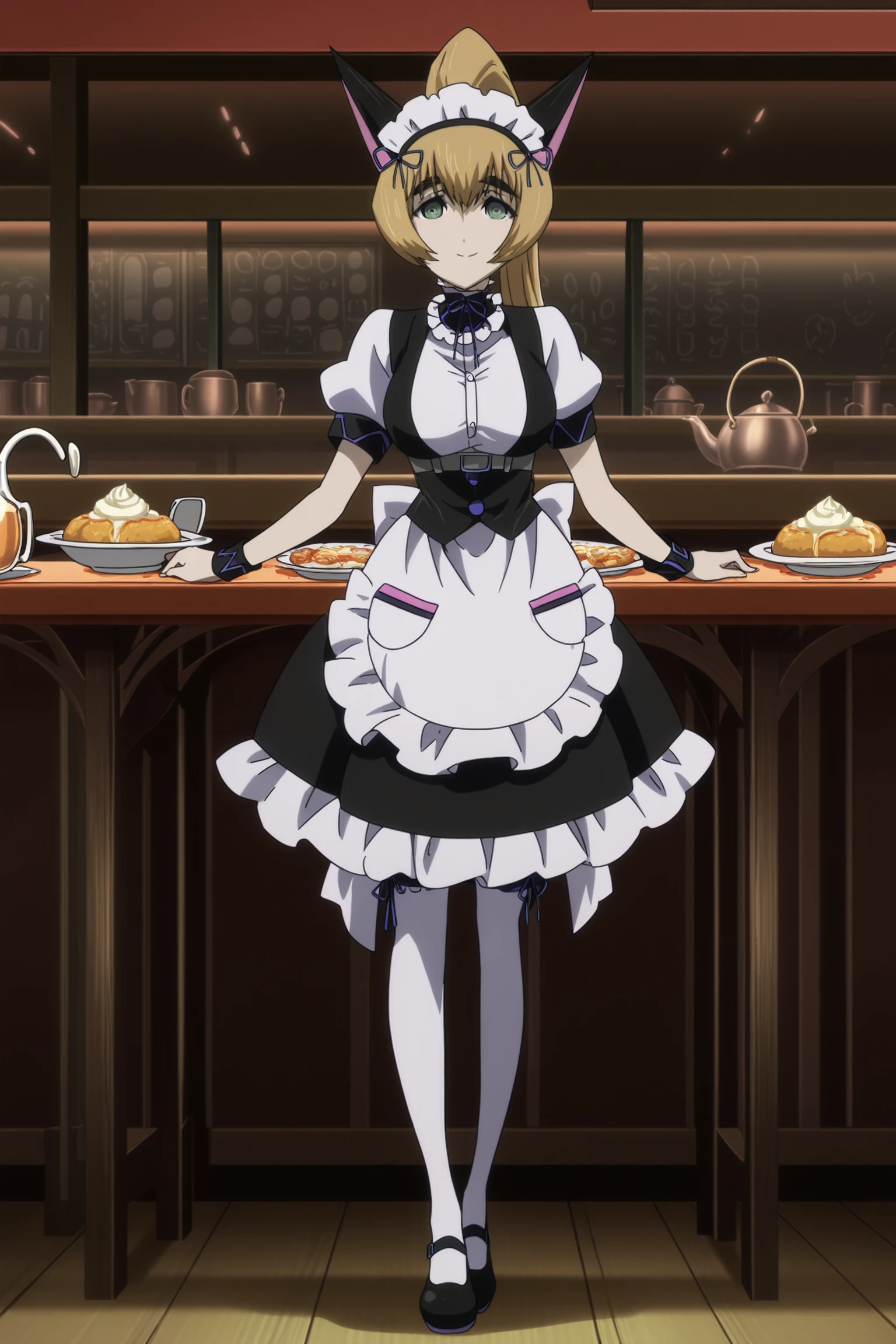 official anime artwork, screencap, anime coloring, anime screencap, best quality, steins;gate anime art style,
in a maid cafe, restaurant tables, food on tables,
 <lora:Mayuri_Shiina_SteinsGate_-_Illustrious:1>, 1girl, solo, green eyes, thick eyebrows, Mayuri maid outfit, maid, maid headdress, blonde hair, ponytail, cat ears, ribbon, cute shoes,
looking at the viewer, (full body shot), happy girl, big smile, mouth open