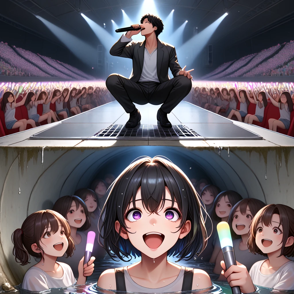 score_9, source_anime, sewer concert, aged up, full body, solo, 1boy on stage, glowstick, mature female, 6+girls, multiple girls in dark tunnel, crazy fans, music, audience, wet, 2koma, multiple views, <lora:girllikesewerconcert_pony:1>