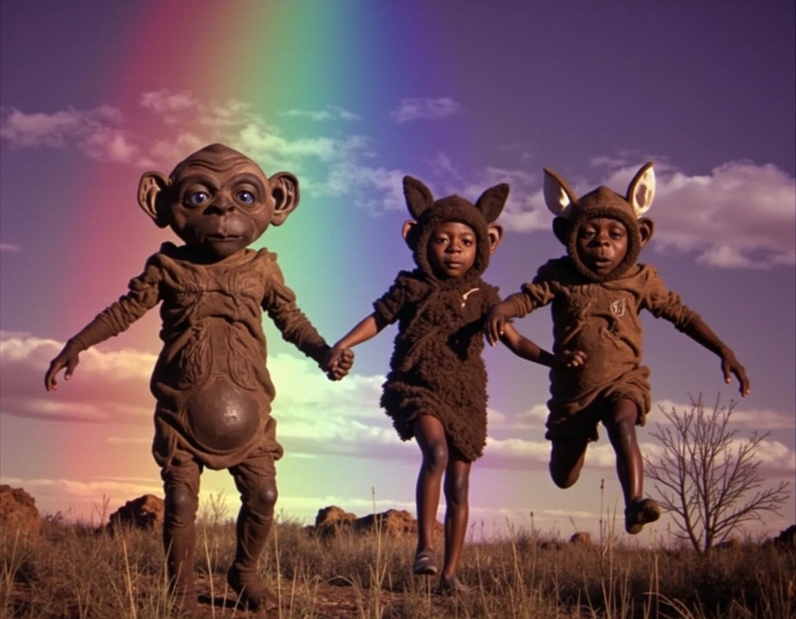 A photo of Nukie the knockoff alien, holding hands with twin special boy friends wearing animal furs, frolicking on a radioactive rainbow