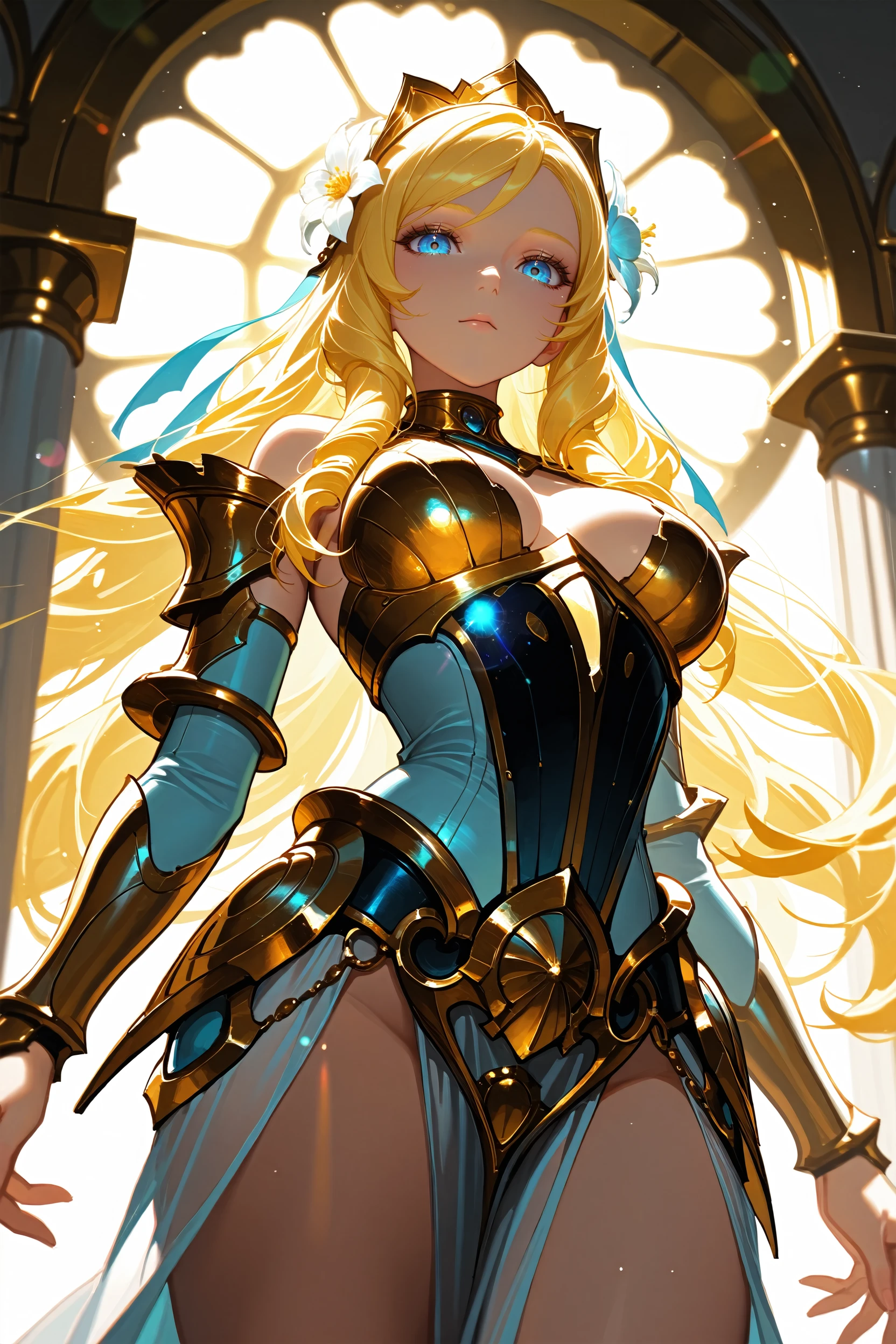 masterpiece, best quality, absurdres,
<lora:SmiteAphrodite:1.0>
SmiteAphrodite, 1girl, long hair, blonde hair, blue eyes, armor, flower, looking at viewer, from below, rim lighting, backlighting, lens flare