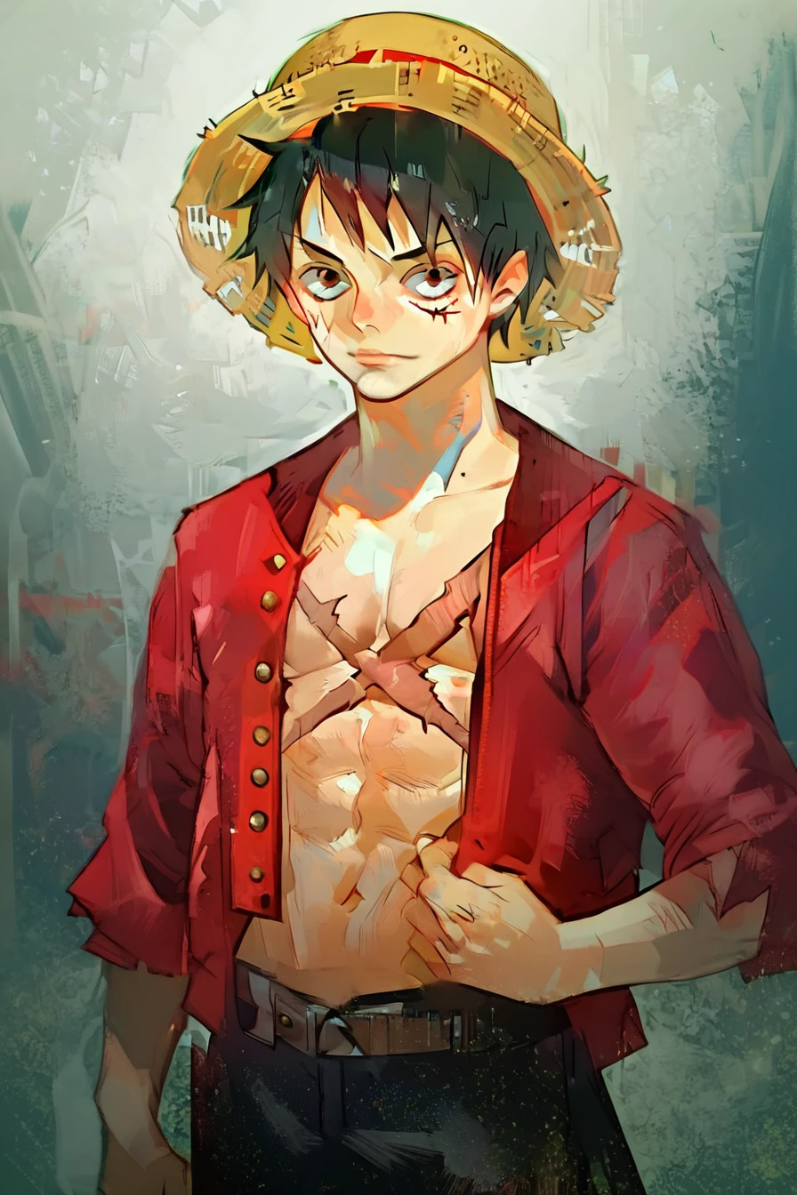 score_9, score_8_up, score_7_up, score_6_up, score_5_up, score_4_up, <lora:LUFFY_pony_XL:0.8>, Luffy, red jacket, scar on chest, straw hat, black hair, 1boy, solo, alone, <lora:sui_ishida_style_Pony:1>, sui_Ishida_style, standing, looking at the viewer, masterpiece, highres