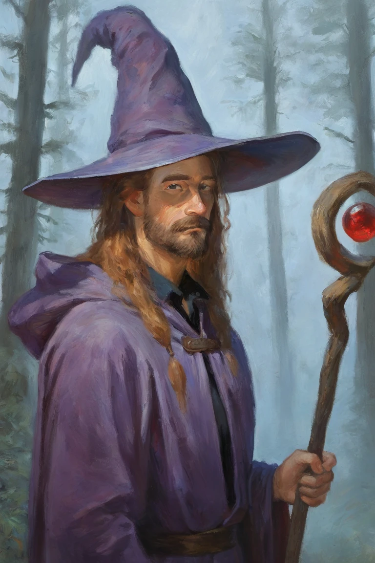 masterpiece, best quality, highres, newest, impressionism, traditional media, realistic, 1boy, solo, male focus, mature male, wizard, long hair, brown hair, black eyes, looking at viewer, hat, facial hair, beard, mustache, staff, wizard hat, purple hat, black shirt, collared shirt, robe, purple robe, hooded cloak, holding, holding staff, upper body, closed mouth, standing, outdoors, forest, nature, tree, fog, dark background <lora:Impressionism [LoRA] - NoobAI-XL EPS 1.0:0.8>