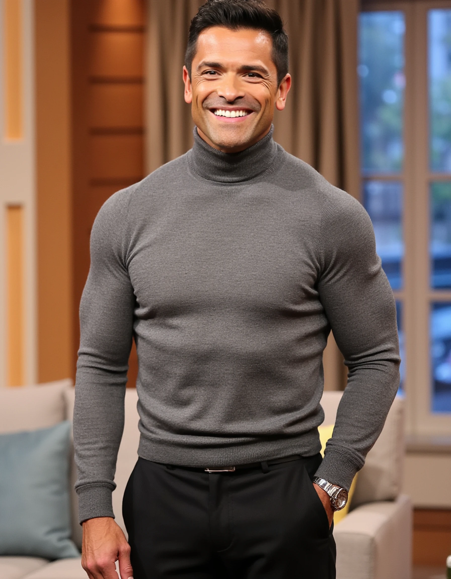 m4rkc0nsu3l05 a photograph of a man standing on a daytime talk show set. he is handsome. he is muscular. he is wearing a grey turtleneck. he is wearing black slacks. he has a smile on his face. he is talking to an audience. he is on the Live with Kelly and Mark set. 4k photography, high quality, high resolution, detailed, masterpiece, high definition, clear focus