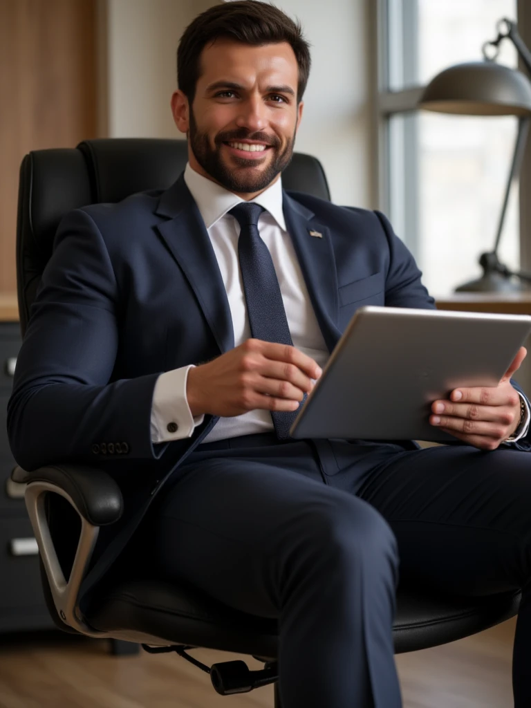 Zafer has brown eyes. He is an attractive man and is muscular.wearing business suit. He is in his office and sitting on his office desk. He hold a tablet in his hand, His legs are spread. he smiles