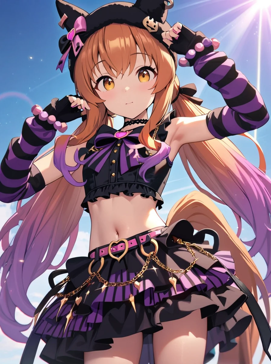 masterpiece, best quality, 
mayano topgun \(umamusume\), 1girl, horse ears, navel, fingerless black gloves, midriff, black hat, horse tail, low twintails, multicolored layered skirt, black crop top, multicolored bowtie, multicolored hair,striped arm warmers, bead bracelet, black strap, black choker, pink belt, gold chain
cowboy shot, 
blue sky,sun,cowboy shot,light rays,lens flare,light particles,dynamic pose,dynamic angle,
 <lora:SDXL_mayano_topgun_v1.0:0.75>