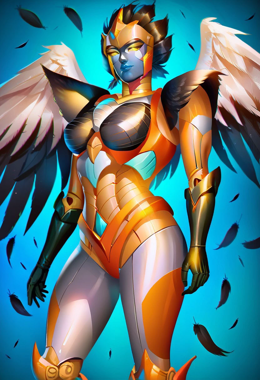 score_9, score_8_up, score_7_up,score_6_up, Expressiveh, 1dk, solo, 1girl, perfection, dark setting,
Airazer,  robot, mecha, black skin,  gold skin,  multicolor skin,  metallic skin,  feathers,  wings,
Standing,