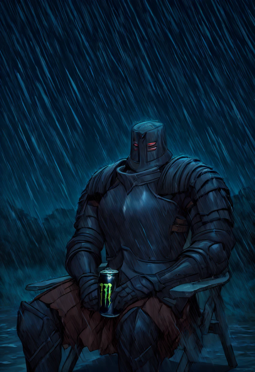 masterpiece, best quality, newest, absurdres, highres, outdoors, night, ambiguous gender, solo, dsbit, black helmet, black armor, black breastplate, black Pauldrons, black Cuirass, black Gauntlets, tunic under armor, black Greaves, monster energy, holding can, sitting, plastic chair, storm, rain  <lora:Black_Iron_Tarkus_Illustrious-000009:1>