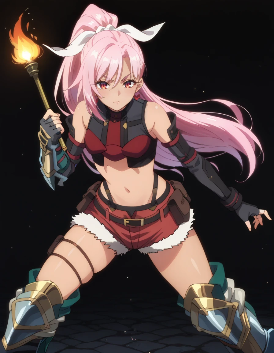 score_9, score_8_up, score_7_up, source_anime, BREAK
1girl, solo, looking at viewer, gradient background, fighting stance, 
liz smart, dark skin, long hair, pink hair, hair ribbon, high ponytail, red eyes, heart earrings,
crop top, bare shoulders, detached sleeves, long sleeves, fingerless gloves, midriff, navel, fur-trimmed shorts, belt, pouch, thigh straps, armored boots,
full body, dungeon, dark background, light rays, light particles, fire, torch, 
<lora:liz_smart_anime-soralz:1>, <lora:DarkerThanDarkV0.8:0.5>, dark, night, day, black background