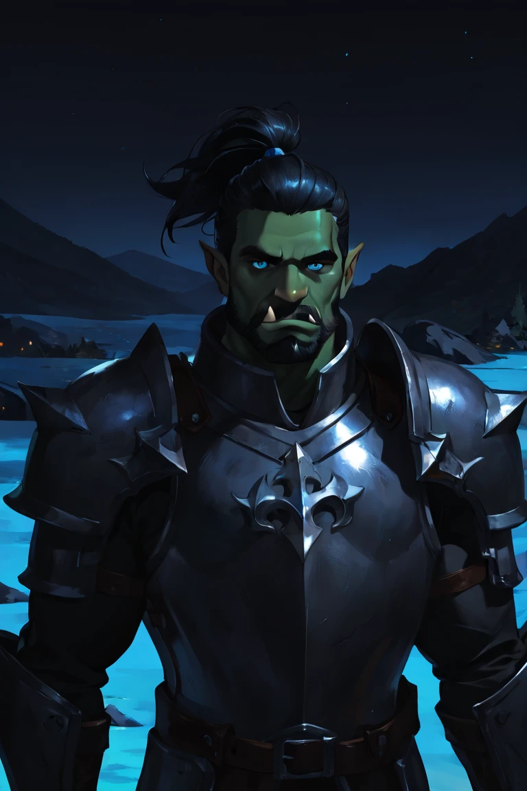 masterpiece, best quality, highres, newest, low light, dark, 1boy, solo, male focus, mature male, orc, colored skin, green skin, tusks, blue eyes, medium hair, black hair, hair slicked back, ponytail, facial hair, beard, mustache, looking at viewer, full armor, shoulder armor, breastplate, pauldrons, upper body, closed mouth, standing, outdoors, mountain, night, night sky, dark background <lora:Summer Nights [LoRA] - NoobAI-XL EPS 1.0:0.8>