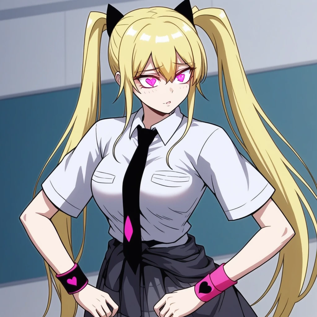 twintails, ponytail, necktie, skirt, solo, symbol-shaped pupils, heart, wristband, blonde hair, shirt, breasts, pink eyes, long hair