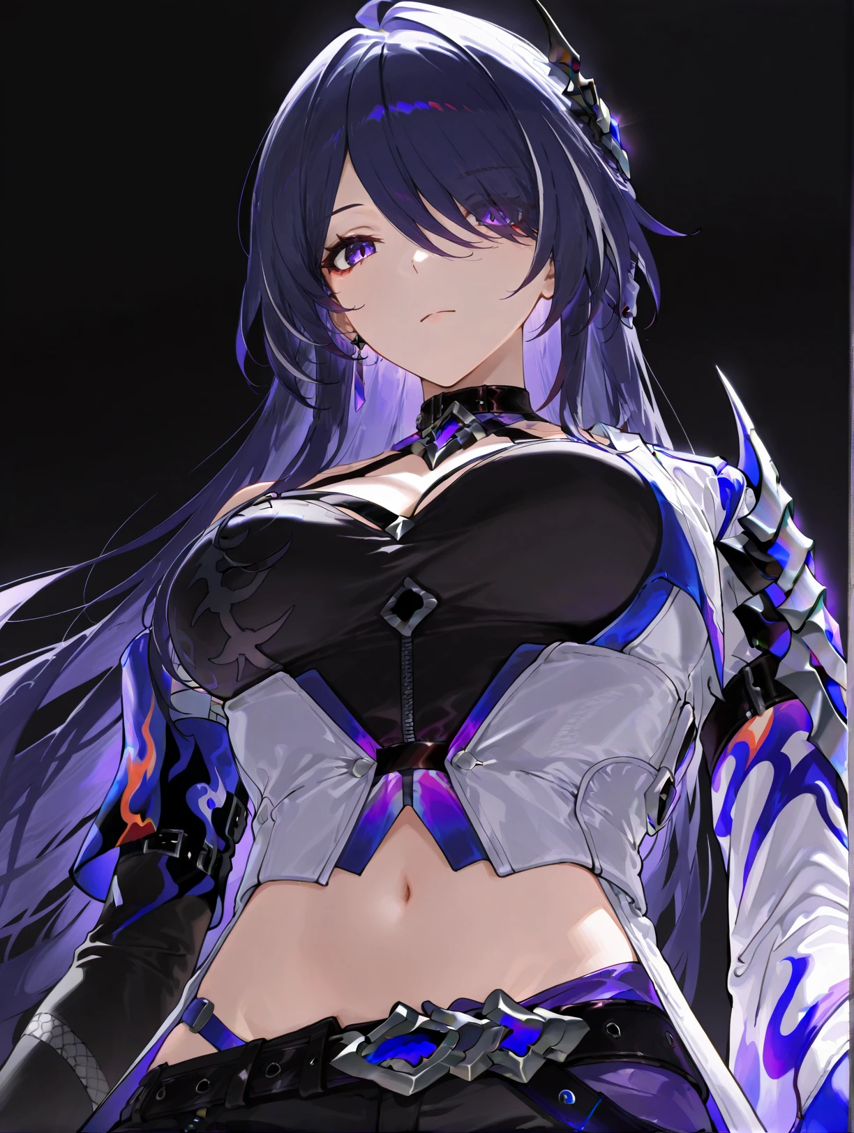 Acheron,long hair,purple hair,moody atmosphere,wide open legs, spreading vagina with finger,showing vagina,cool face,embarrassed,showing boobs, evacuating, covering eyes with one arm