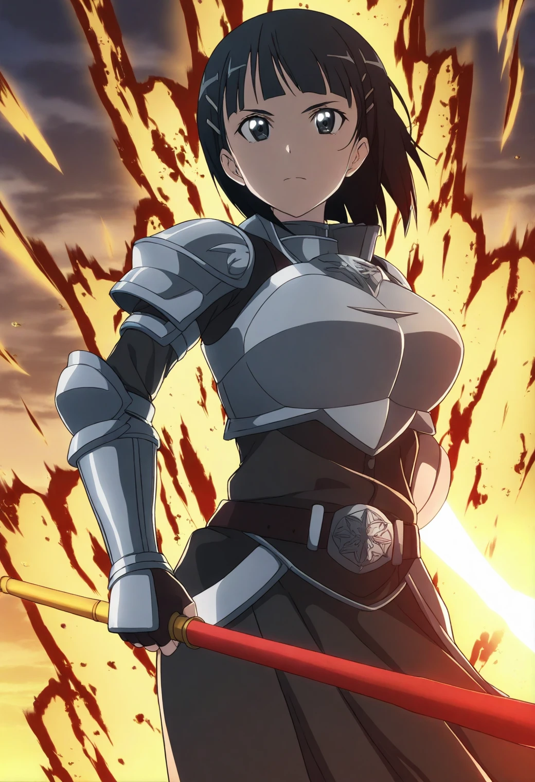 <lora:Suguha Kirigaya - [Sword Art Online] - illustriousXL v1:1>, sysdeep_suguha, black hair, medium hair, black eyes, celestial battlefield, holding glowing spear, starlit armor, divine presence, powerful aura, anime coloring