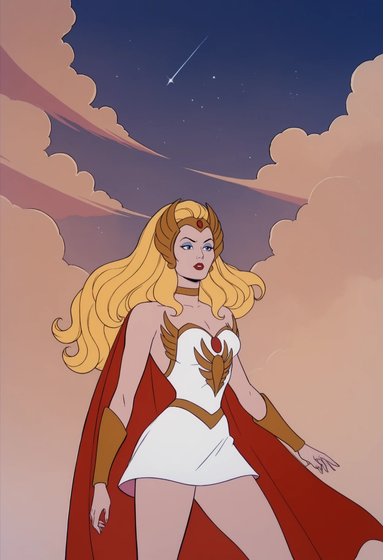 score_9, score_8_up, score_7_up, score_6_up, BREAK, 1girl,   <lora:She-Ra_Pony:1> she-r4, blonde hair, long hair, cape, dress, bare shoulders, retro artstyle, makeup, red lips