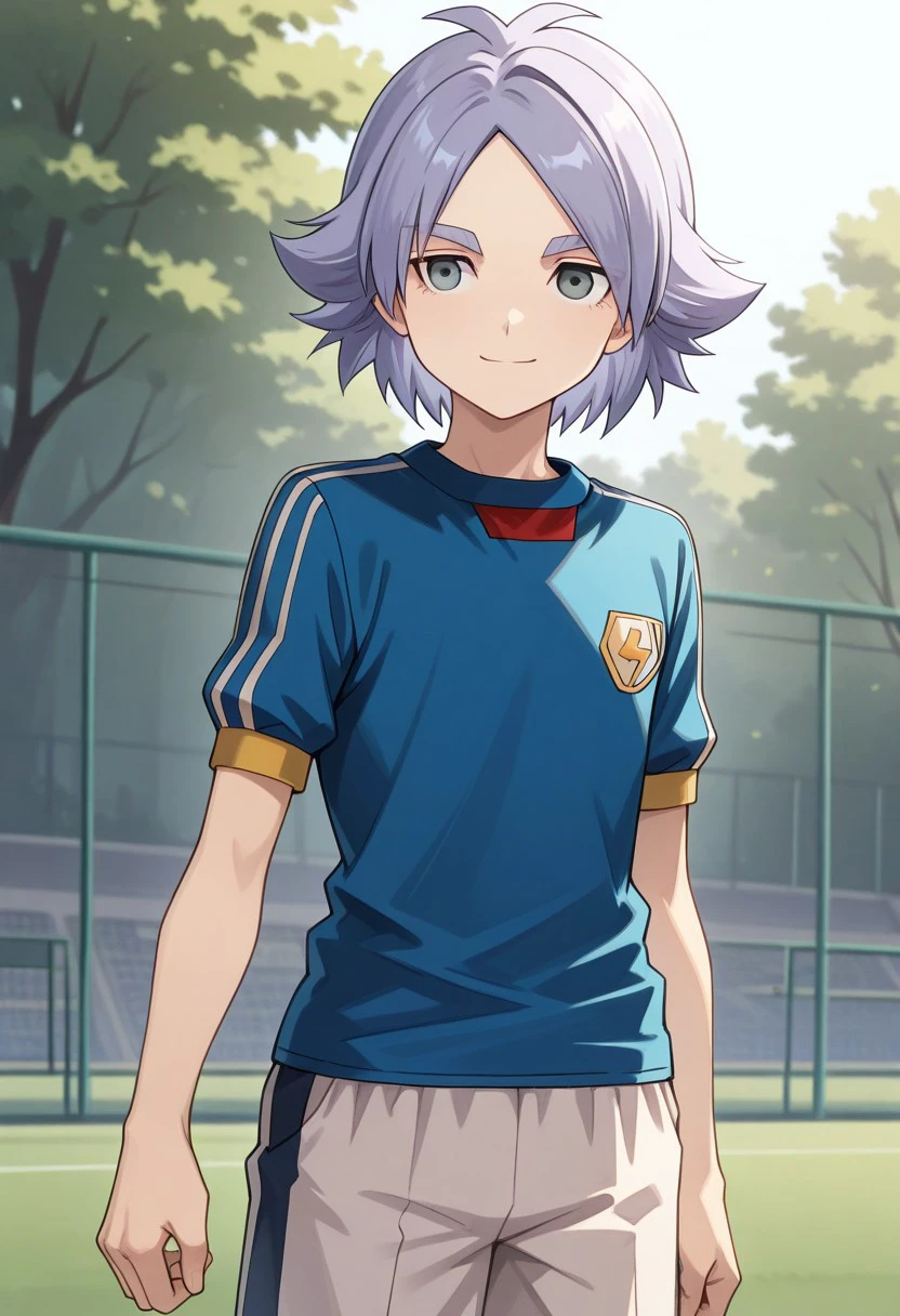 masterpiece, best quality, 
fubukishirou, male focus, solo, grey hair, parted bangs, grey eyes, sportwear, soccer uniform, inazuma japan soccer uniform, shirt, light blue shirt, short sleeves, shorts, grey shorts, smile, determinet,
outdoor,