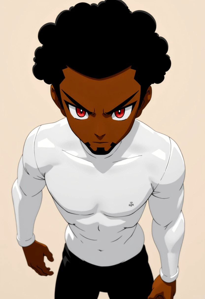 poster of 1boy,solo, intense red eyes and a determined expression,afro,goatee,dark skin, wearing a white turtleneck and black pants.