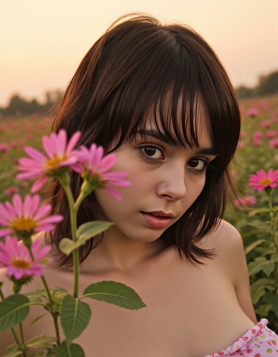 "vintage analog film photo, a young woman, serene expression, dream-inducing flowers, warm pastel sunset sky, 35mm film, Kodachrome, grainy texture, vintage aesthetic, Lomography style, stained vignette, highly detailed, cinematic colors, cozy intimate atmosphere" }    