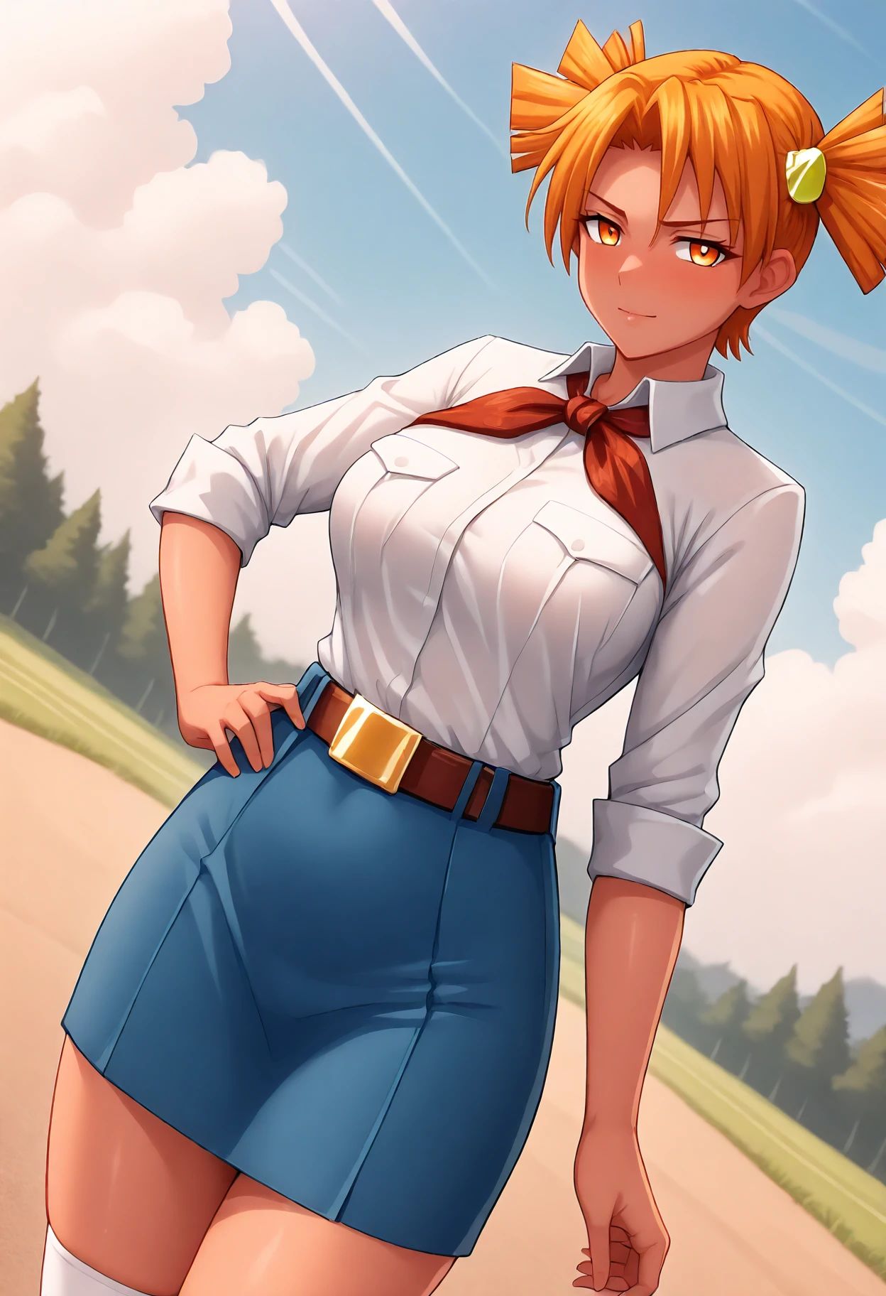 <lora:DvacheIll_2+-000009:1>
(perfect quality, best quality, absolutely eye-catching, masterpiece, absurdres, newest) BREAK
1girl, solo, dutch angle, looking at viewer, medium breasts,
DvacheIll, orange hair,orange eyes,short twintails,hair ornament,
White collared shirt, red neckerchief, blue skirt, belt, white socks, belt buckle, black shoes, medium breasts, (curvy, thick thighs:0.8), pioneer movement, breast pocket,
blue sky,cloud, sky,