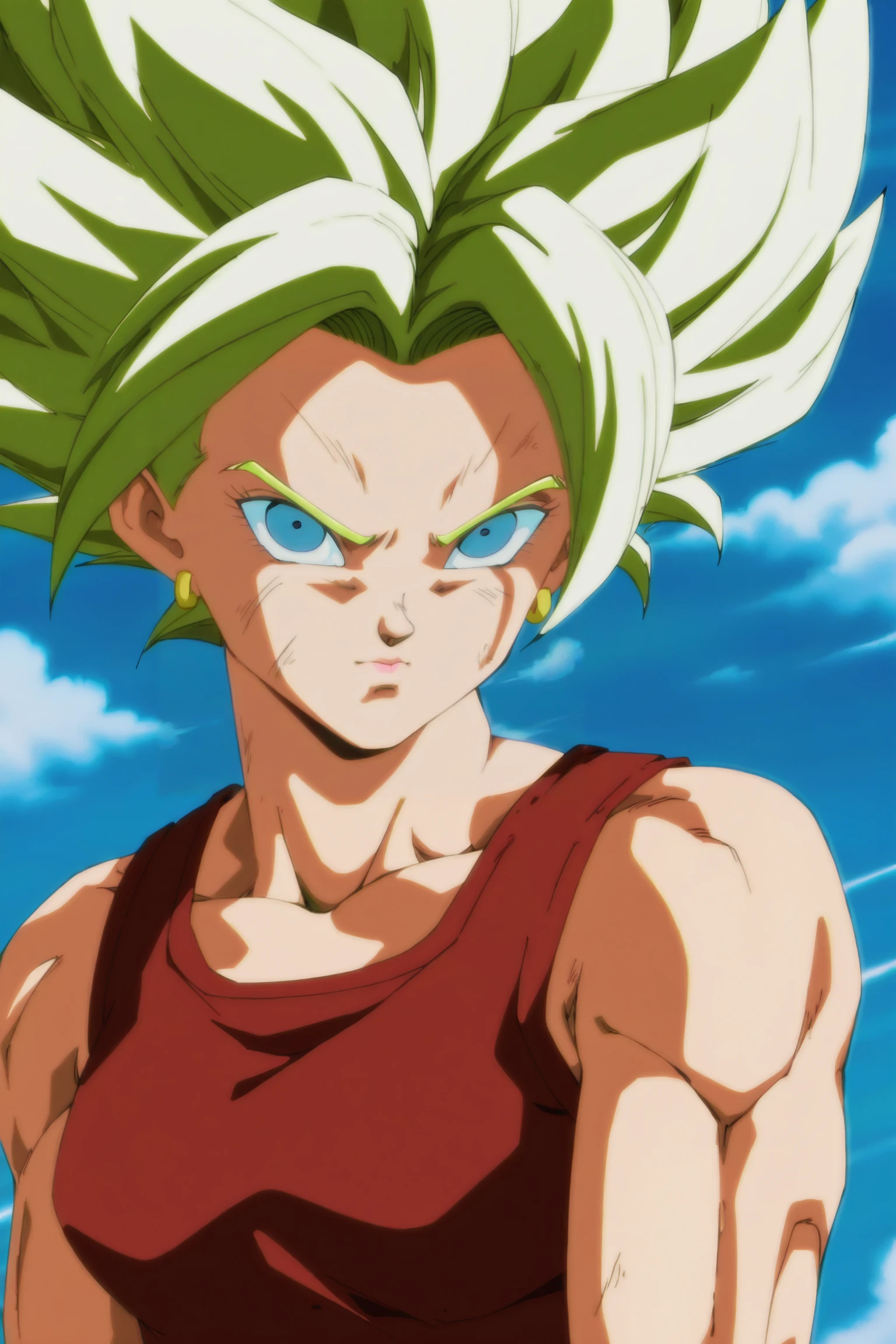 anime screencap, absurdres, high quality,
kale, super saiyan 2, tight, 1990s \(style\), anime coloring, retro artstyle, 1girl, solo, breasts, looking at viewer, blue eyes, dirty face, sky, outdoors, closed mouth, standing, upper body, hoop earrings, green hair, dirty, red crop top, muscular, spiked hair, muscular female, v-shaped eyebrows, arms at sides, bare shoulders
<lora:kaleDBS_v1:0.8>