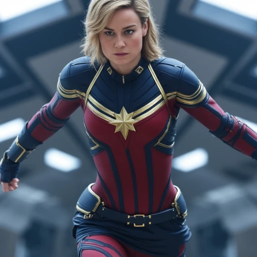 Captain Marvel. The image is a high-resolution photograph featuring a woman standing in a futuristic, as if in motion or ready to leap.   She is dressed in her iconic costume, likely in a dynamic pose, red, professional manner, with a fierce and determined expression. She is standing in the center of the image, with a focused gaze directed slightly off-camera., and futuristic outfit. The suit features a dark blue and red color scheme with gold accents